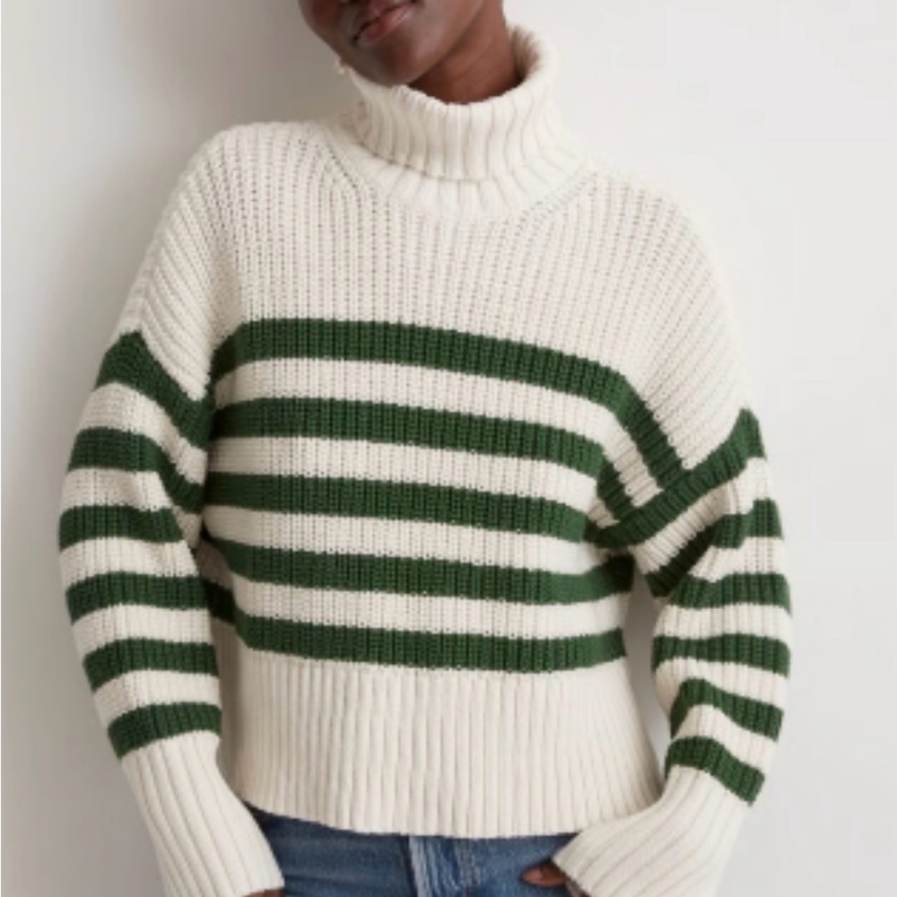 Madewell Wide Rib Turtleneck Sweater Knit Striped Green Cream Sz XS Cotton Blend